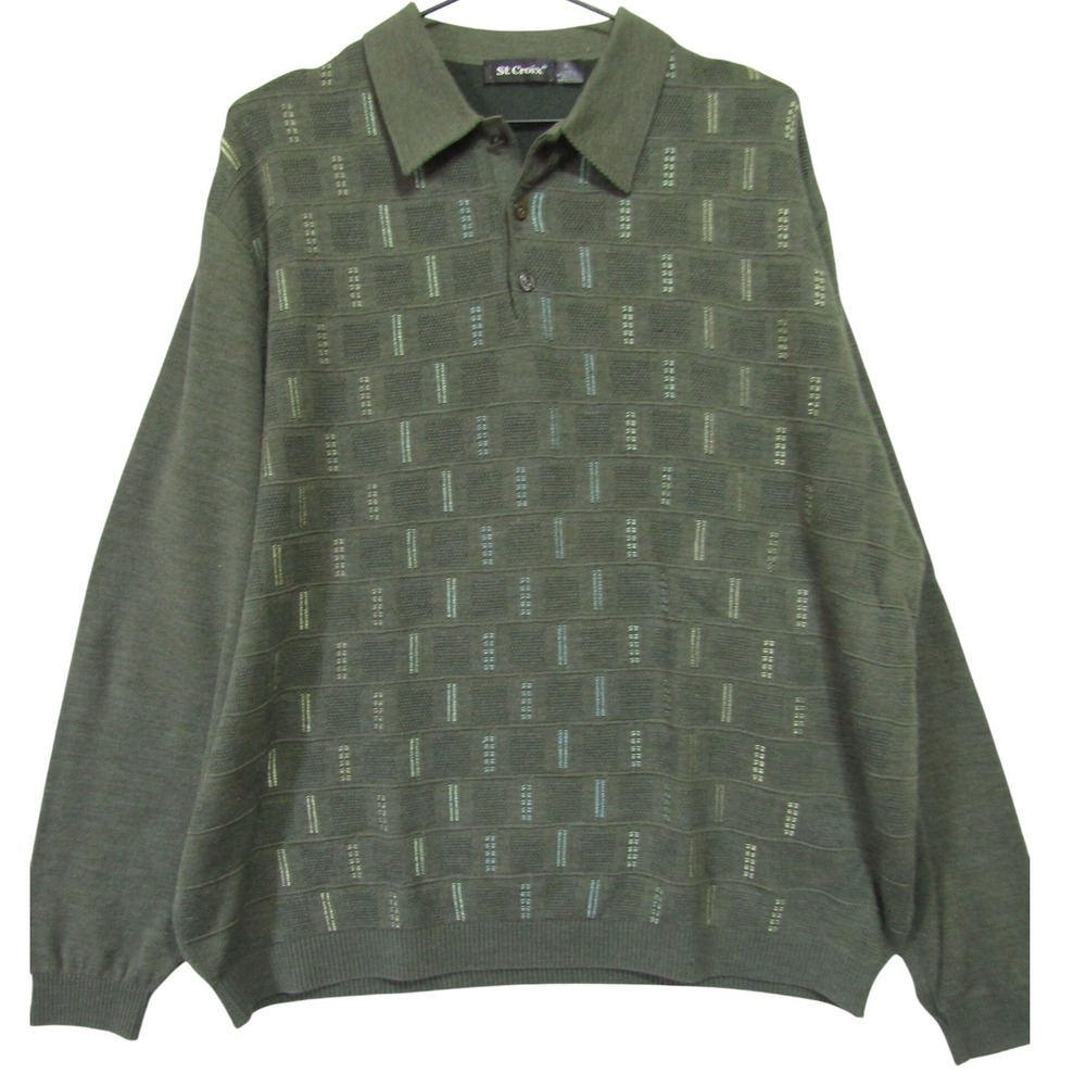 St. Croix Sweater Polo Mens XL Green Good Wool Blend Textured‎ Long Sleeve USA